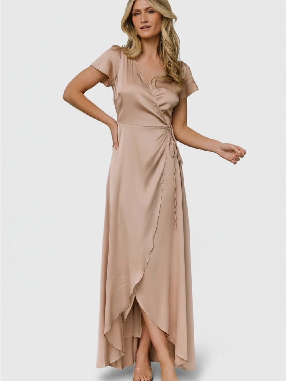 Baltic Born Krystal Champagne Blush Satin Wrap High-Low Dress